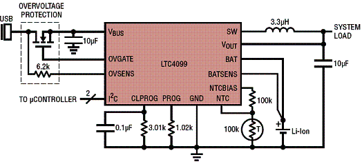 Figura 1 - Circuito condicionador usando o LTC4099 da Linear. 