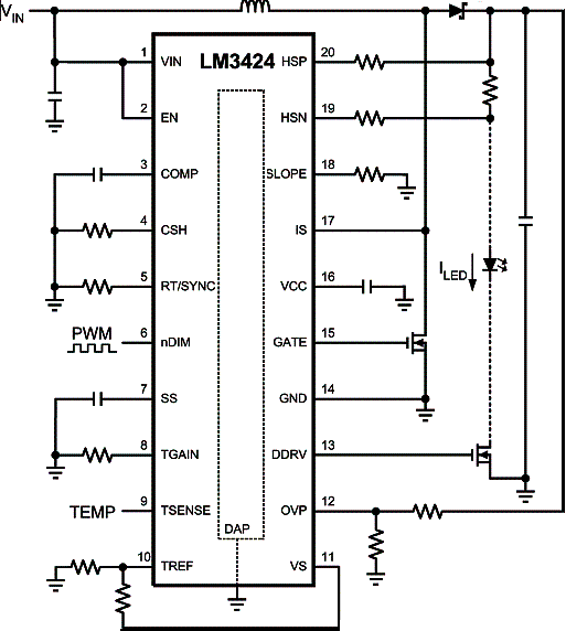 Figura 3 - Circuito típico de aplicação do Lm<sup>3</sup>424 num controle de brilho para LEDs - valores de componentes no link indicado no artigo. 