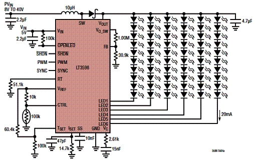 Figura 5 - Circuito excitador para 60 LEDs com 90% de eficiência utilizando o LT3598 da Linear Technology.
