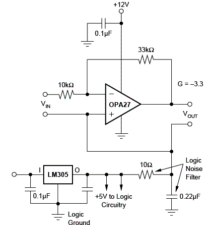 Figura 5 - Nos circuitos que tenham uma fonte lógica de 5 V, ela pode ser utilizada para fornecer a tensão de referência, conforme indicado nesta figura.
Figura 5 - Nos circuitos que tenham uma fonte lógica de 5 V, ela pode ser utilizada para fornecer a tensão de referência, conforme indicado nesta figura.