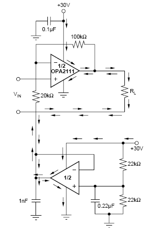 Figura 6 -: Amplificador operacional buffer usado para fornecer um trra flutuante de baixa impedância.
Figura 6 -: Amplificador operacional buffer usado para fornecer um trra flutuante de baixa impedância.