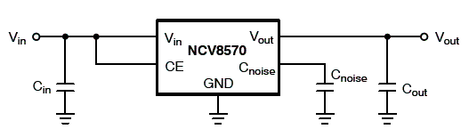 Circuito regulador de tensão com o LDO NCV8570 da On Semiconductor.
