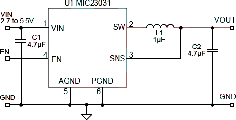 Circuito para uma saída de 1,8 V utilizando o circuito integrado MIC23031 da Micrel.

