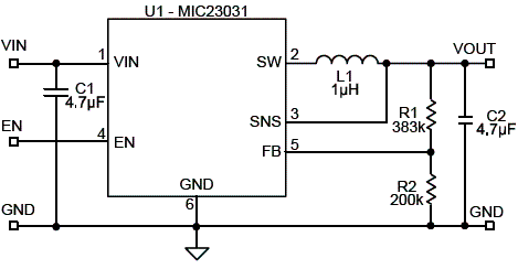 Circuito regulador buck com tensão determinada pela rede resistiva externa.

