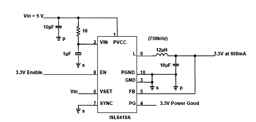 Conversor step-down com entrada de 5 V e saída de 3,3 V com 600 mA de corrente máxima.
