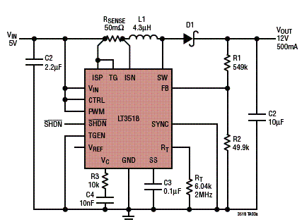  Conversor boost com saída de 12 V x 500 mA a partir de entrada de 5 V.
