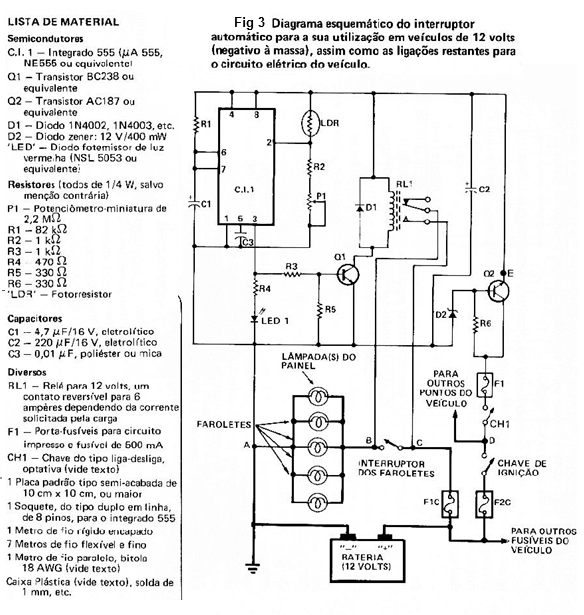 Fig. 4 — Versão do circuito para veículos de 6 volts (negativo à massa). Observar que a única diferença deste para o circuito anterior (Fig. V-3) é a ausência do conjunto Q2-D2-R6. 
