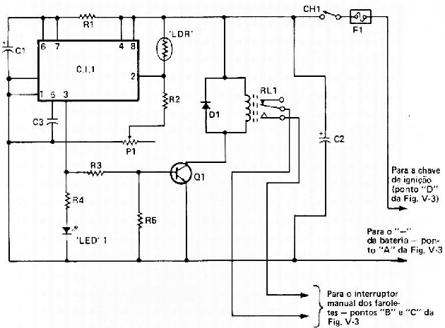Fig. 5 — Forma de comandar cargas C.A., tais como sirenas, lâmpadas, etc., a partir da tensão da rede domiciliar e através dos contatos do relé. 
