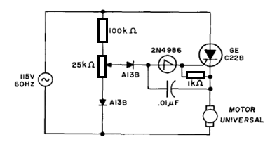 Figura 5 – Um controle de potência para motor usando um SCR e um SUS
Figura 5 – Um controle de potência para motor usando um SCR e um SUS