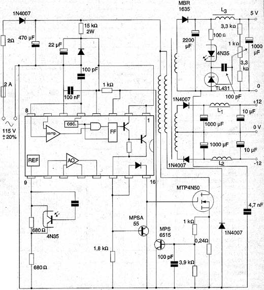 Uma fonte chaveada com FET de potência e duas saídas isoladas de tensão (5 e 12 V) Uma fonte chaveada com FET de potência e duas saídas isoladas de tensão (5 e 12 V)