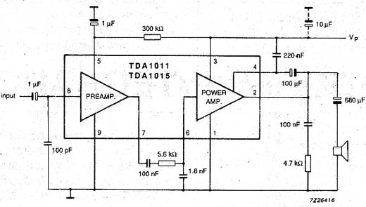 Diagrama de um circuito de aplicação com os TDA1011 e 1015. 