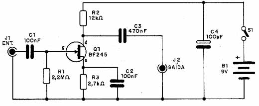 Diagrama do pré-amplificador com FET. 