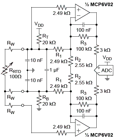 Figura 7 - Circuito para sensor RTD usando dois amplificadores operacionais excitando diretamente um ADC. 
