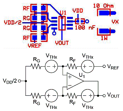 Figura 10 - Amplificador de diferença de tensão deliberadamente desbalanceado termicamente. 