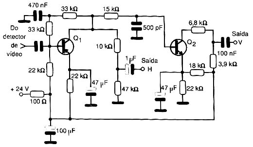 Um circuito separador de sincronismo com transistores. 
