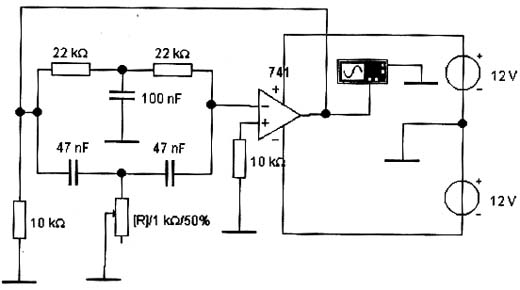 Oscilador de duplo T com amplificador operacional. 