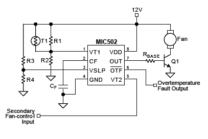 Figura 1 - Circuito básico de aplicação do MIC502 no controle de velocidade de uma ventoinha. 
