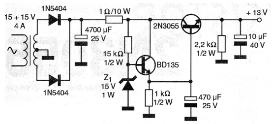Figura 3 – Fonte de alta corrente com o 2N3055
Figura 3 – Fonte de alta corrente com o 2N3055
