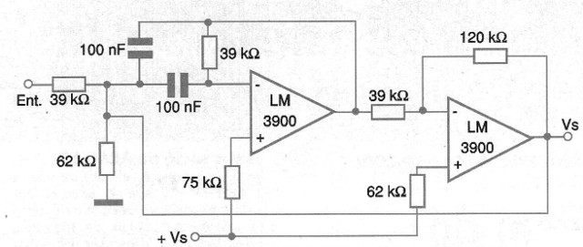 Figura 10 – Filtro de 1 kHz com dois operacionais
Figura 10 – Filtro de 1 kHz com dois operacionais