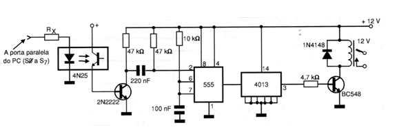 Fig. 8 - Uma interface biestável com relé (um canal).
Fig. 8 - Uma interface biestável com relé (um canal).