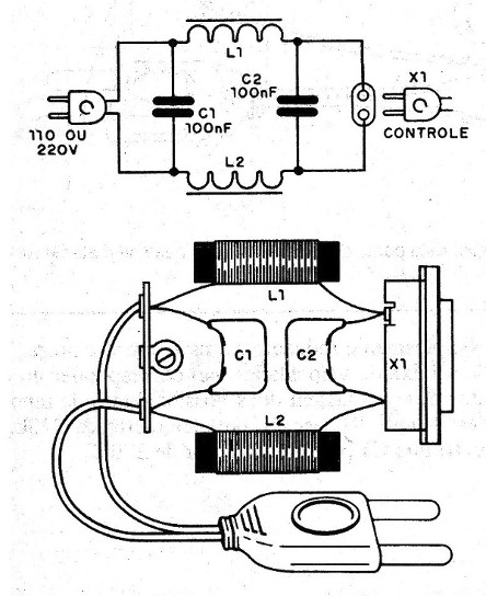 FIGURA 2 - Circuito de filtro contra as interferências via rede, e seu aspecto real. Veja no texto pormenores de construção das bobinas L1 e L2.
FIGURA 2 - Circuito de filtro contra as interferências via rede, e seu aspecto real. Veja no texto pormenores de construção das bobinas L1 e L2.