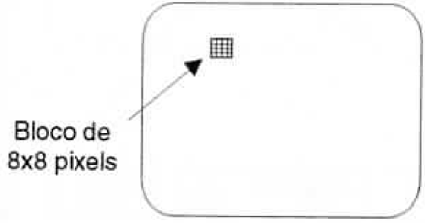 A imagem é dividida em blocos de 8 x 8 pixels que são convertidos em sinais digitais.
A imagem é dividida em blocos de 8 x 8 pixels que são convertidos em sinais digitais.