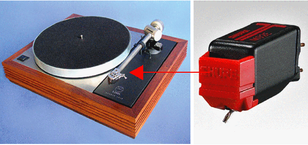 Um fonocaptor e um toca-discos antigo