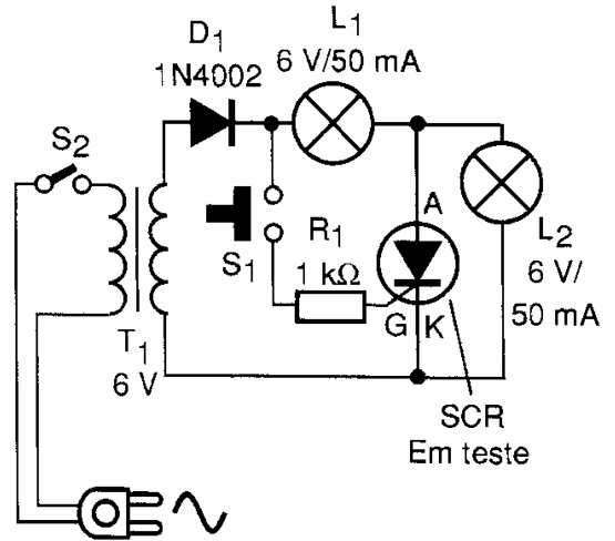 Circuito simples de teste de SCRs Circuito simples de teste de SCRs