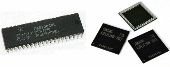 Figura 140 – RAM em invólucro DIL e SMD. As da direita têm capacidade de 2 GB.
Figura 140 – RAM em invólucro DIL e SMD. As da direita têm capacidade de 2 GB.