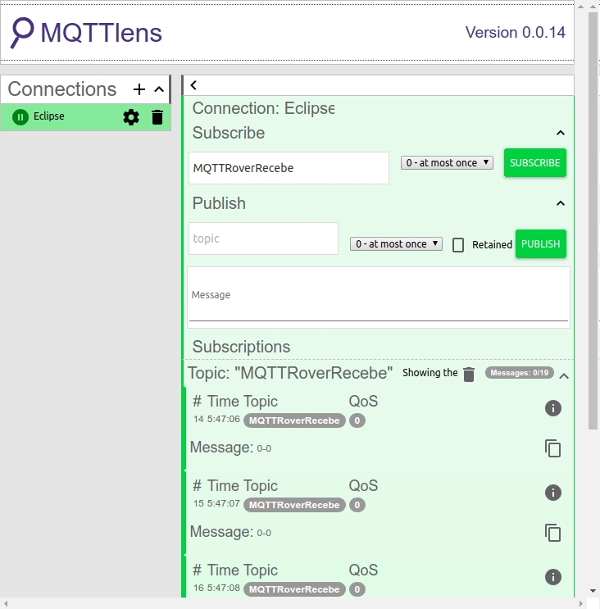 Figura 4 - estado dos motores (recebidos via MQTT no cliente MQTTLens)
Figura 4 - estado dos motores (recebidos via MQTT no cliente MQTTLens)