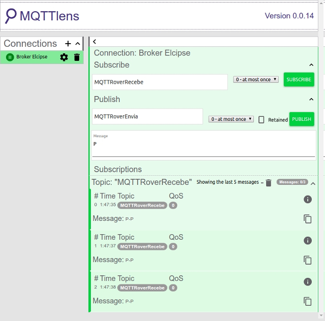 Figura 8 - estado dos motores (P, H ou A) recebidos via MQTT no cliente MQTTLens
