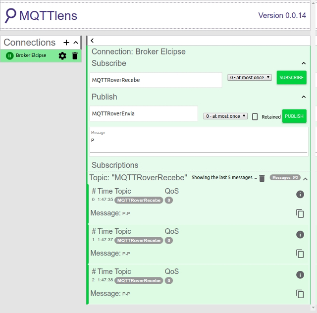 Figura 8 - estado dos motores (P, H ou A) recebidos via MQTT no cliente MQTTLens
Figura 8 - estado dos motores (P, H ou A) recebidos via MQTT no cliente MQTTLens