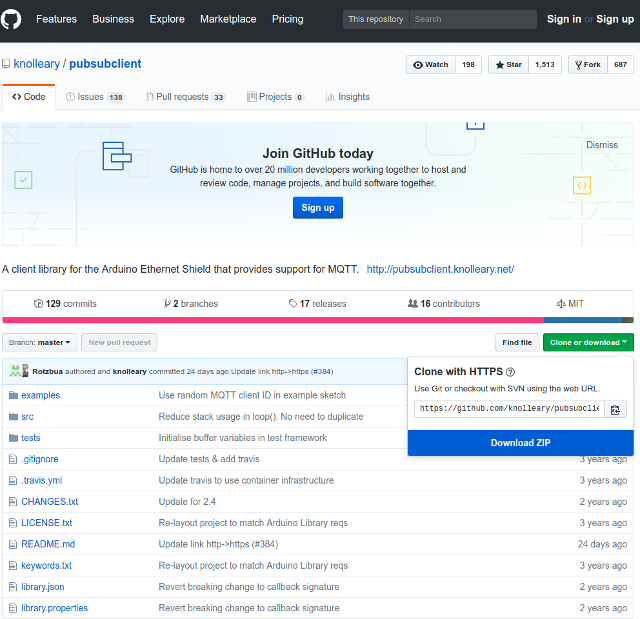 Figura 4 - obtenção da biblioteca PubSubClient diretamente do repositório oficial
Figura 4 - obtenção da biblioteca PubSubClient diretamente do repositório oficial