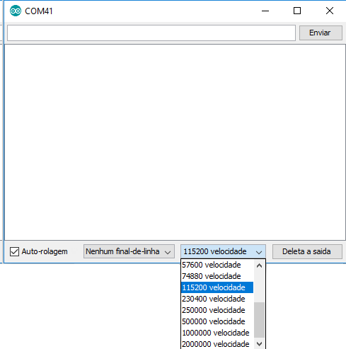 Figura 10 - configuração da velocidade de comunicação entre monitor serial e módulo WiFi LoRa 32(V2)
Figura 10 - configuração da velocidade de comunicação entre monitor serial e módulo WiFi LoRa 32(V2)