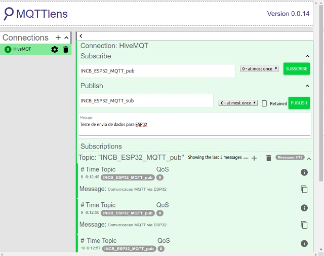 Figura 8 - mensagens MQTT enviadas
Figura 8 - mensagens MQTT enviadas
