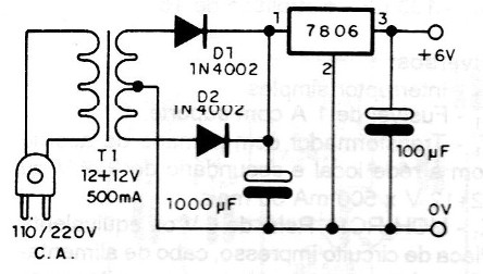 Fig. 3 - Fonte de 6 V para o transmissor.
Fig. 3 - Fonte de 6 V para o transmissor.