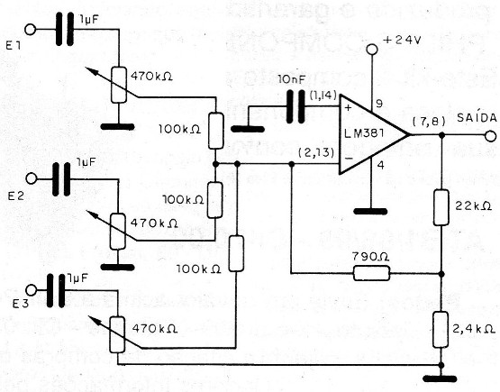 Figura 2 - Mixer de 3 entradas com o LM381
Figura 2 - Mixer de 3 entradas com o LM381