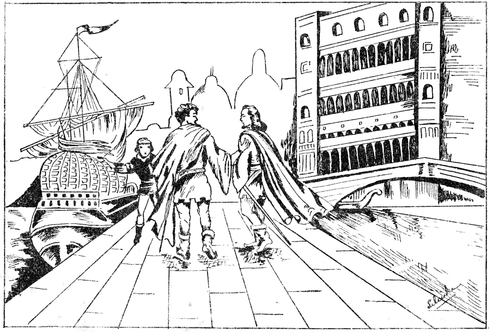 Figura 1 – Ilustração feita por minha mãe Dyrce Braga (Lilinha) para o Livro das Maravilhas (1956), mostrando os irmãos Polo em Veneza em 1254, antes da viagem à china.
