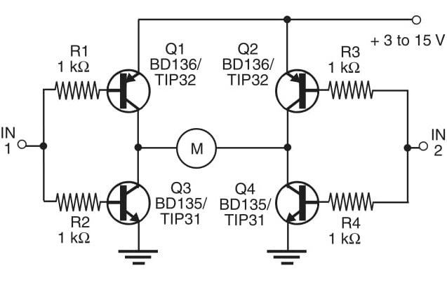 Figura 1 - Ponte completa usando transistores bipolares complementares.
Figura 1 - Ponte completa usando transistores bipolares complementares.