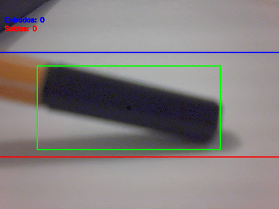 Figura 6 - frame colorido, com destaque para centroide do objeto em movimento (em preto) e do retângulo que envolve o contorno do objeto detectado (em verde)
