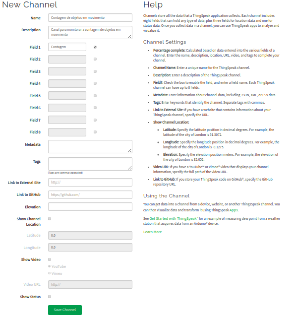 Figura 7 - dados para cadastro do canal na plataforma ThingSpeak
