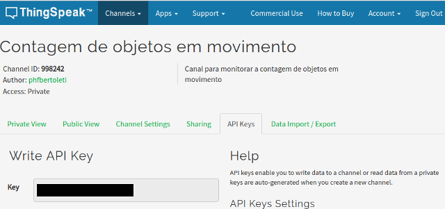 Figura 8 - Write API Key do canal no ThingSpeak
Figura 8 - Write API Key do canal no ThingSpeak