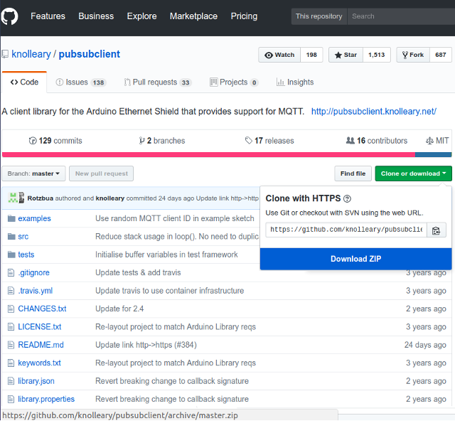 Figura 3 - Obtenção da biblioteca PubSubClient diretamente do repositório oficial
