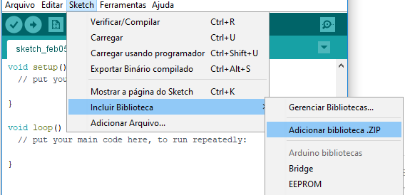Figura 4 - caminho para inclusão de biblioteca Arduino em formato de arquivo compactado
Figura 4 - caminho para inclusão de biblioteca Arduino em formato de arquivo compactado