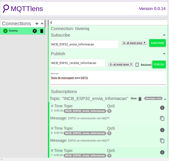 Figura 7 - cliente MQTT mostrando mensagem enviada do ESP32 para o broker MQTT
