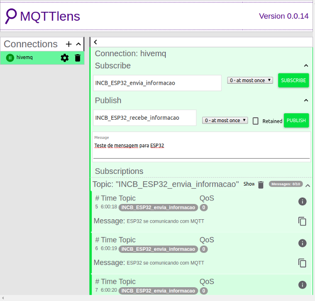 Figura 7 - cliente MQTT mostrando mensagem enviada do ESP32 para o broker MQTT
Figura 7 - cliente MQTT mostrando mensagem enviada do ESP32 para o broker MQTT