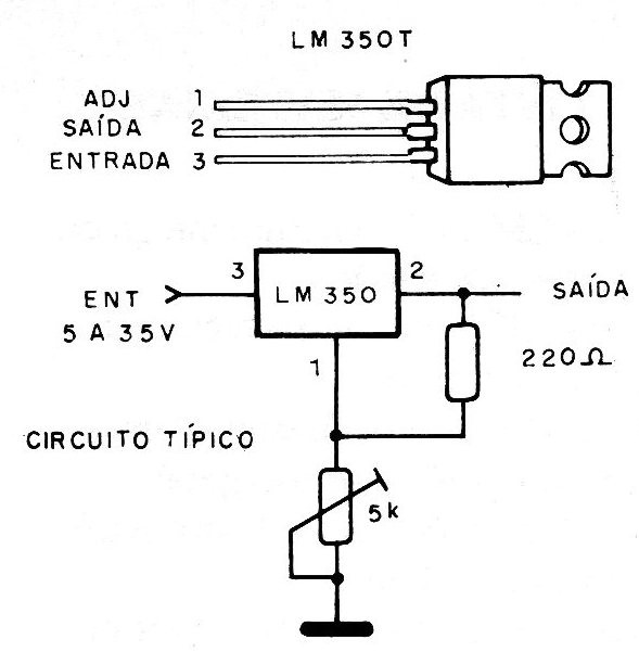    Figura 3 – Pinagem e circuito típico de LM350T
