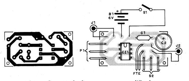 Fig. 6 - Sugestão de placa para o setor amplificador.
Fig. 6 - Sugestão de placa para o setor amplificador.