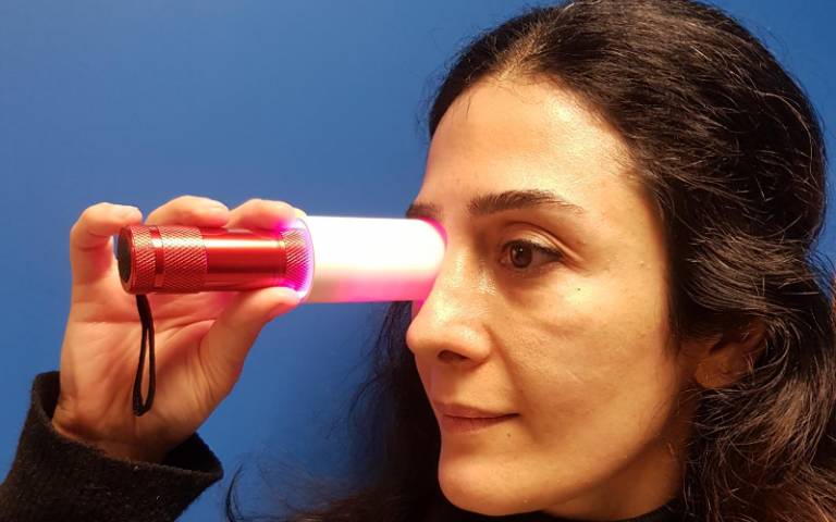 Figura 3 – Aplicação da radiação (foto da UCL) - https://www.ucl.ac.uk/news/2021/nov/morning-exposure-deep-red-light-improves-declining-eyesight
Figura 3 – Aplicação da radiação (foto da UCL) - https://www.ucl.ac.uk/news/2021/nov/morning-exposure-deep-red-light-improves-declining-eyesight