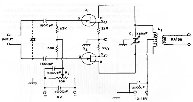 Figura 4 - Circuito amplificador linear, com transistores FET.
Figura 4 - Circuito amplificador linear, com transistores FET.